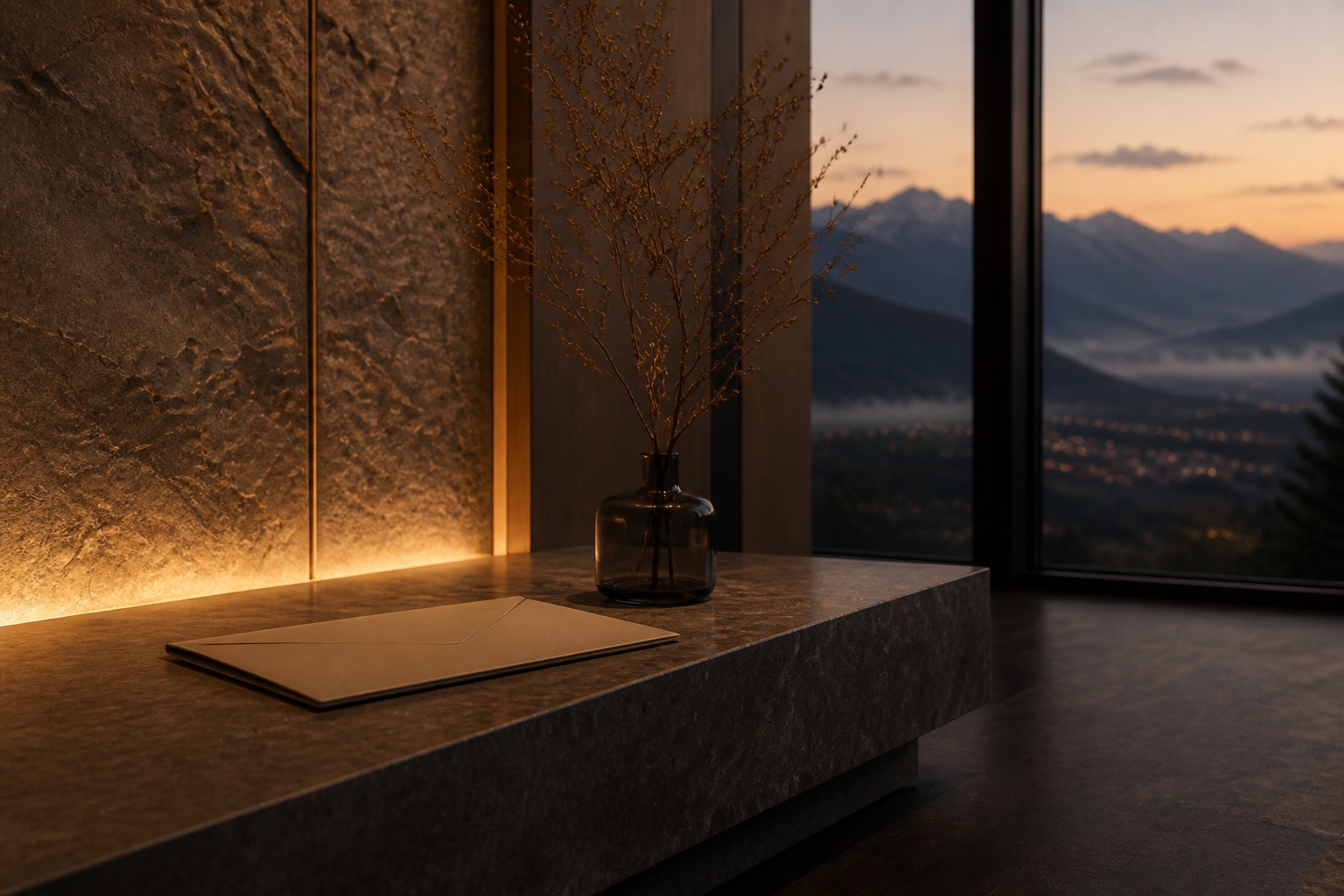 A closed folder on the stone console, waiting to be opened