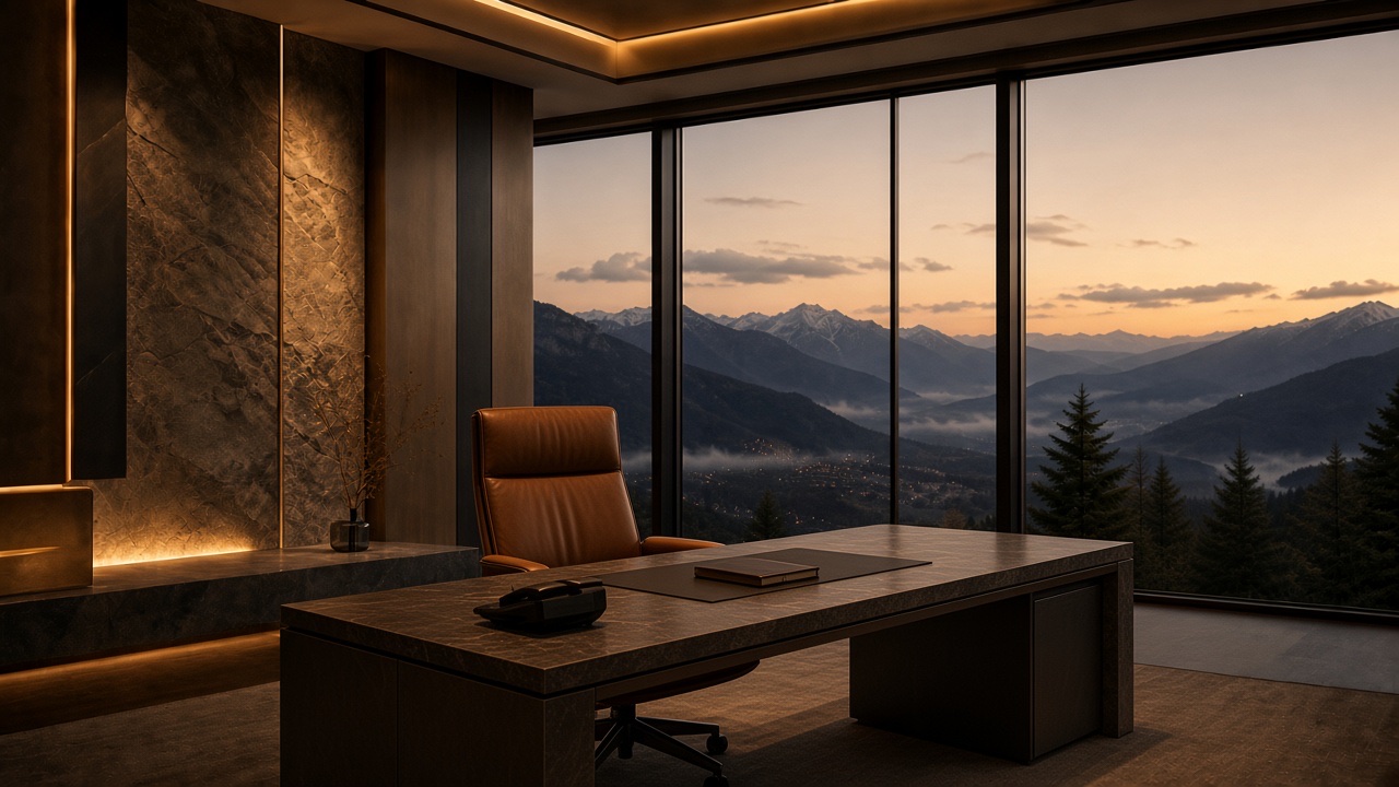 A private desk and chair on call, dusk mountains beyond the glass