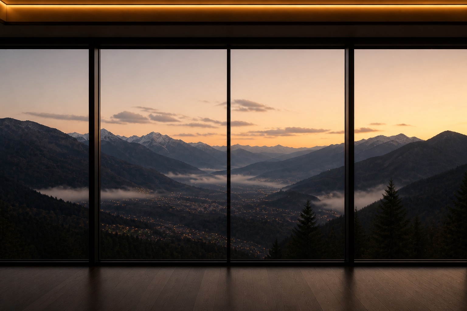 Alpine dusk through the penthouse glass, large and still