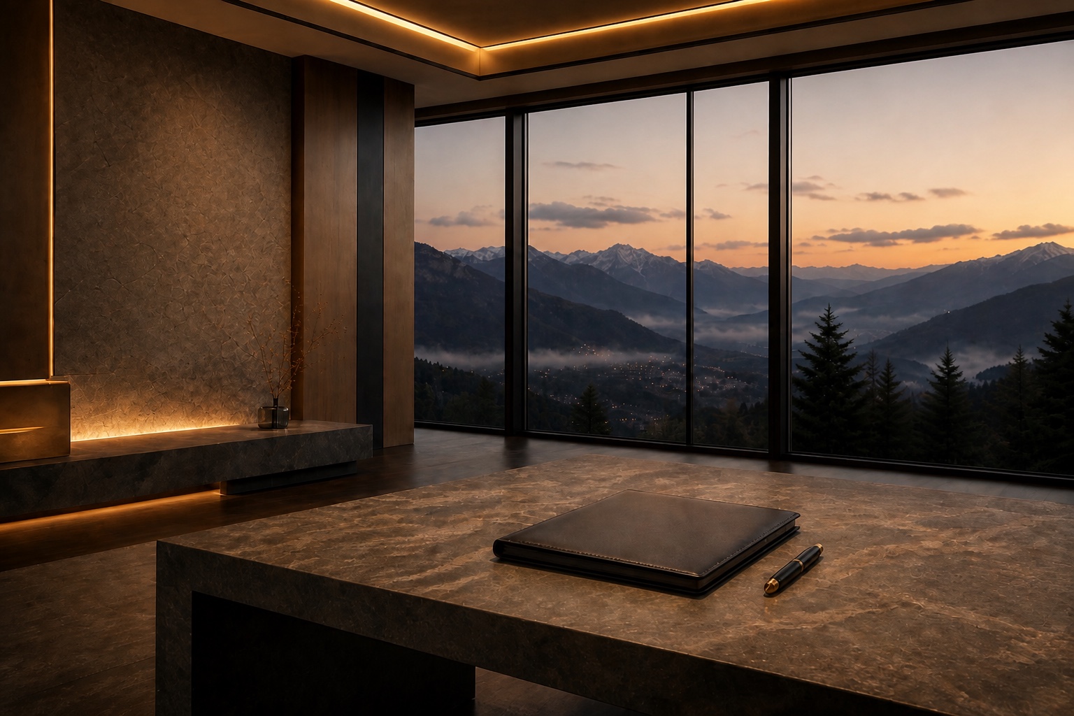 A private bureau in the penthouse, folio on stone, dusk mountains beyond the glass