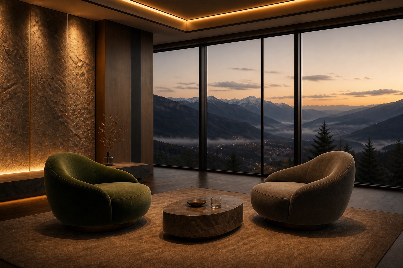 Two chairs facing in the penthouse, set for an introduction